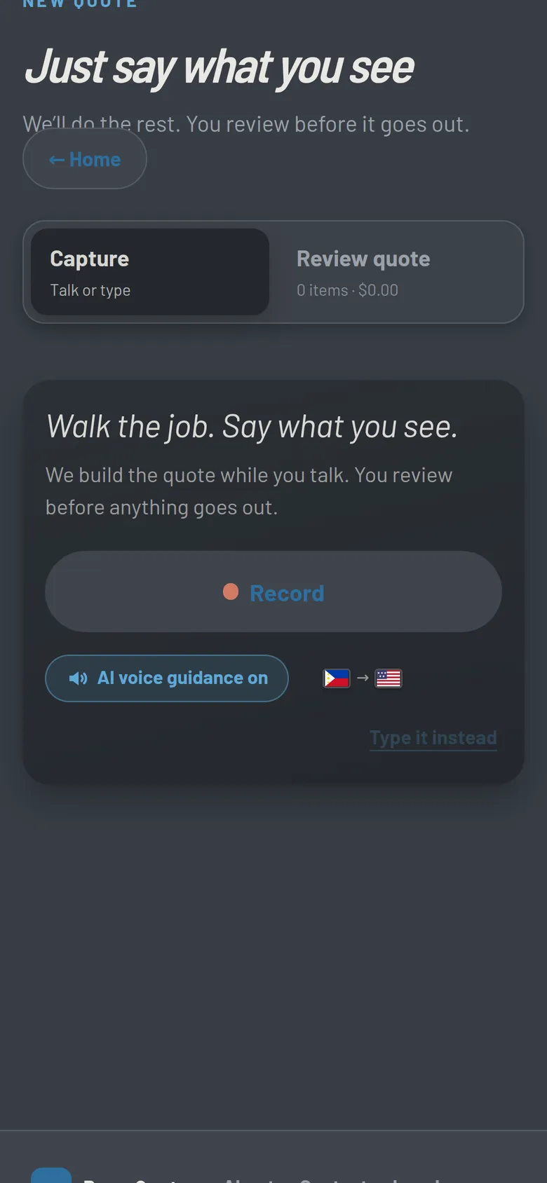 ProprQuote's guided voice capture screen on a phone
